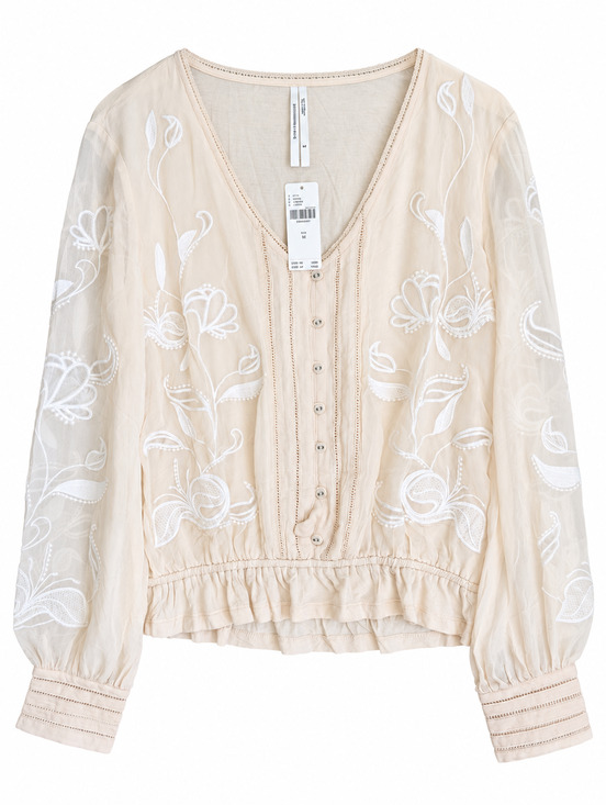Anthropologie Tops - Anthropologie Embroidered Blouse Womens M Creme V Neck Ruffle Hem NWT